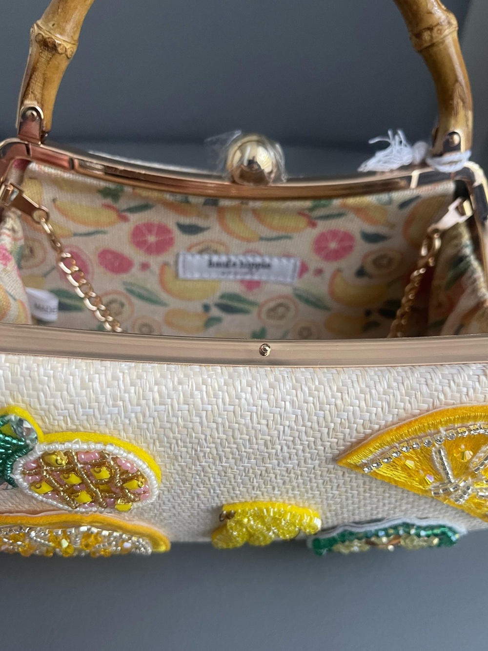 Haute Hippie Beaded Viral Fruit Clutch With Bamboo Handle Purse - Picture 7 of 8